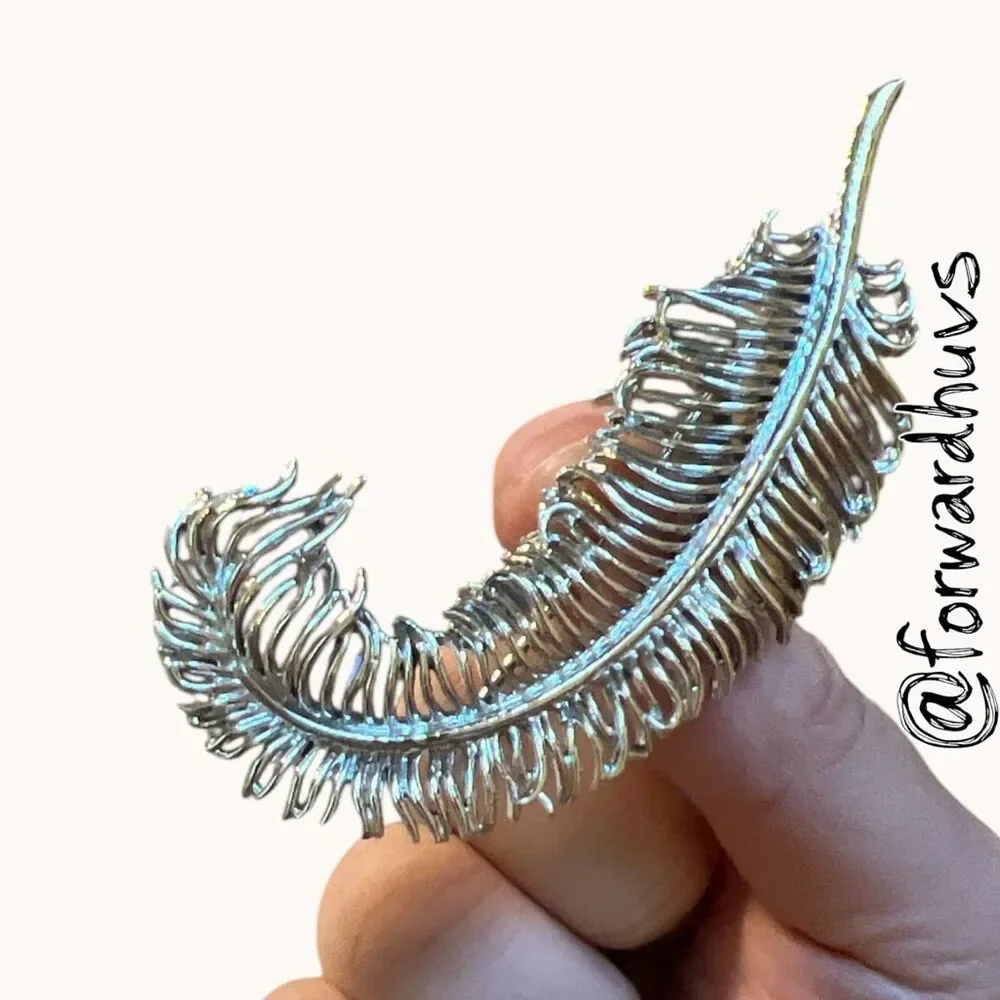 Silver Tone Openwork Feather Brooch Pin Rhinestone Accent Vintage Style